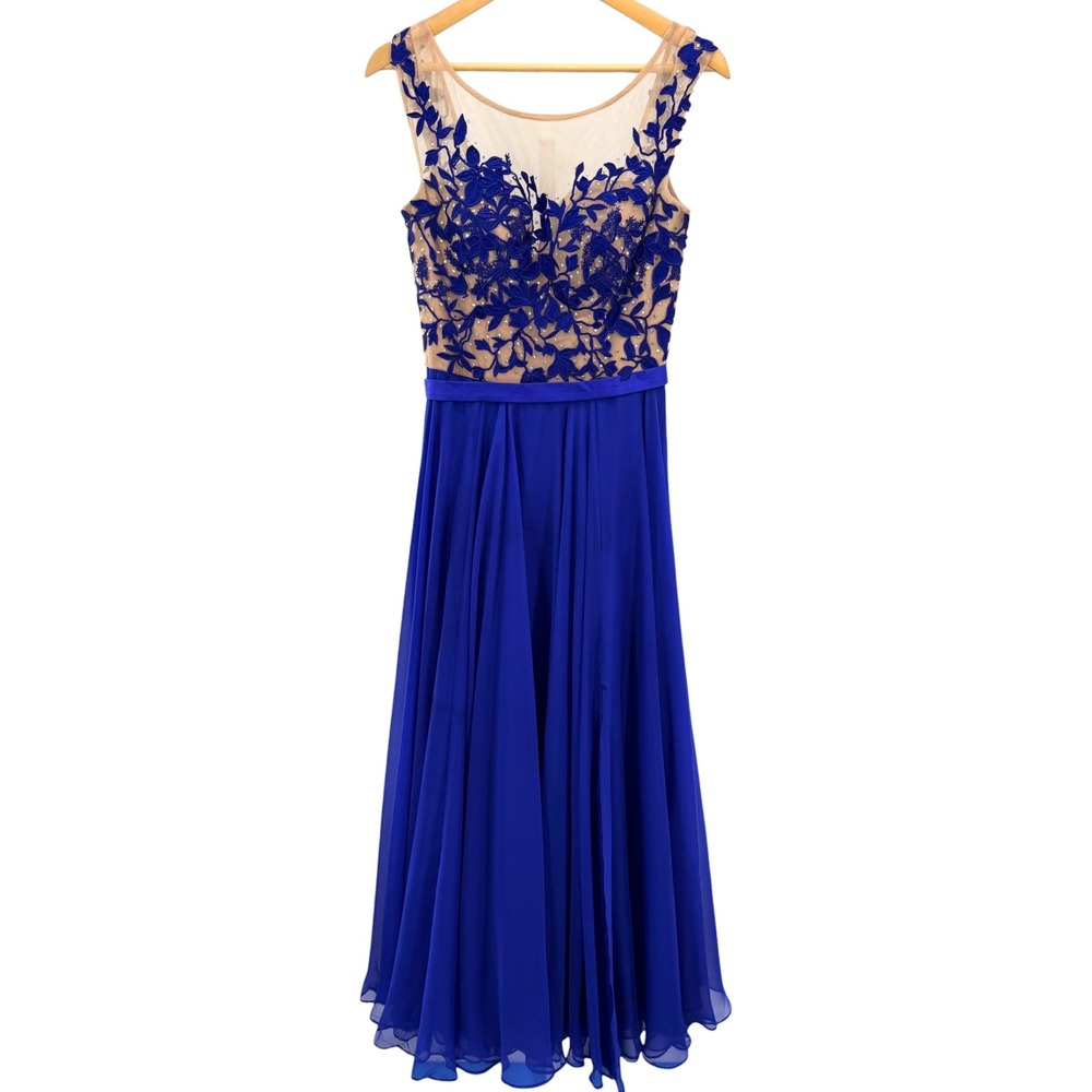 Sherri Hill Royal Blue Floral Embroidered Illusion Gown Size 6 Prom Formal Dress